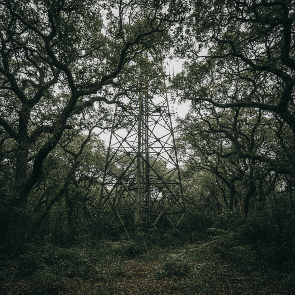 Telecom tower obscured by overgrown trees before clearance