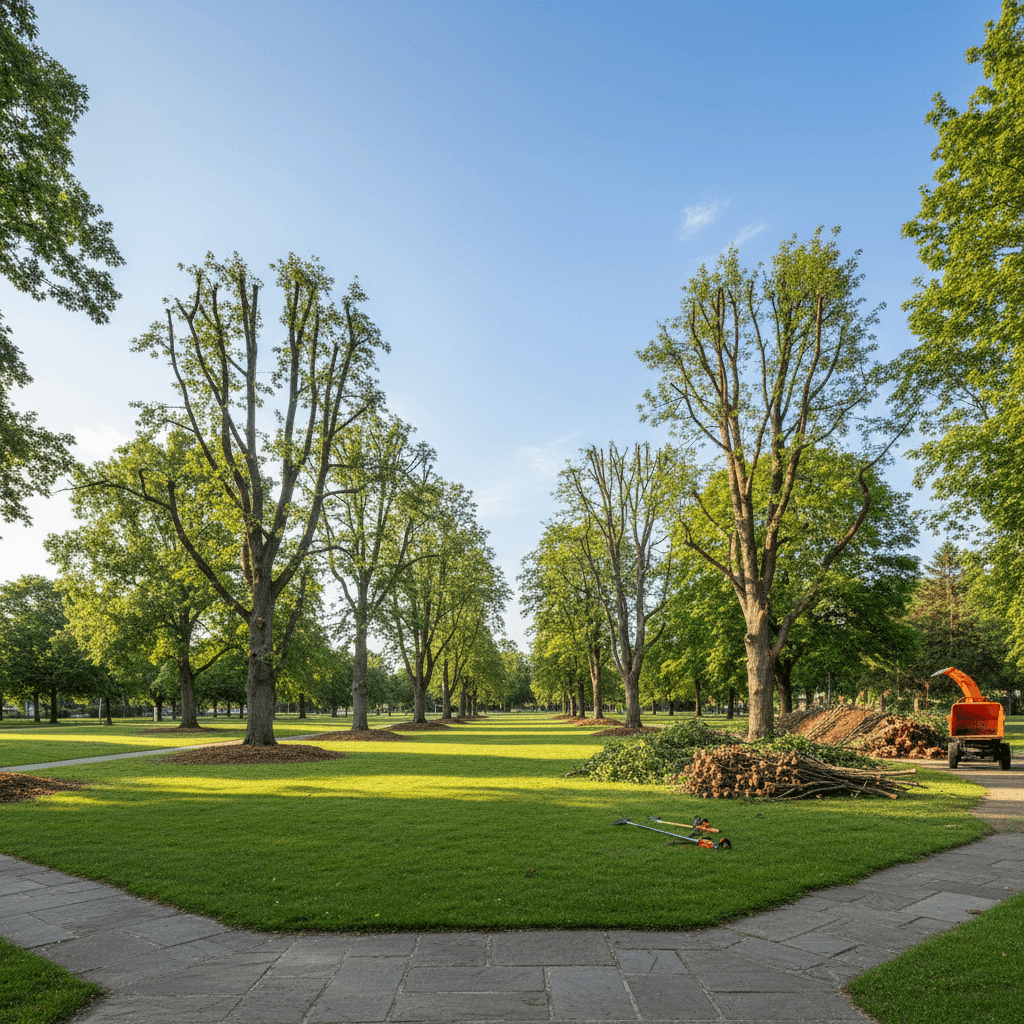 Park area showing improved tree health and canopy structure after maintenance
