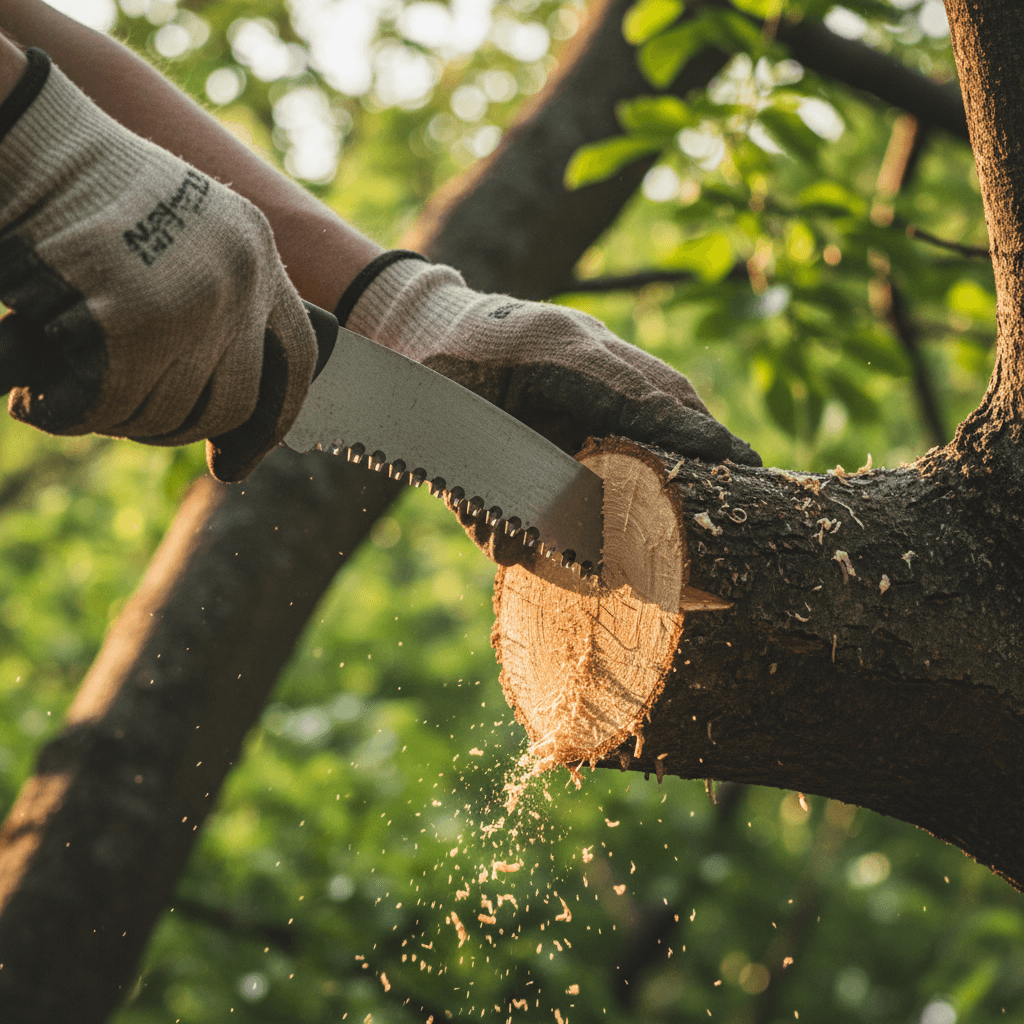 Close-up of professional pruning technique showing precise branch cutting